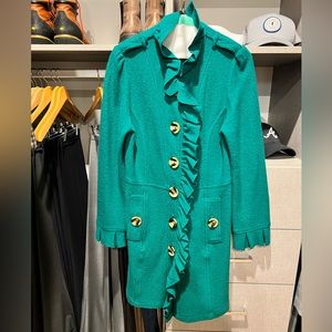 Luii wool sweater/coat with large buttons, pockets & ruffle detail